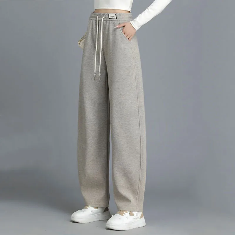 

Autumn Winter New Women Plus Velvet Woolen Pants Solid Elastic Waist Drawstring Pockets Casual Loose Machete Wide Leg Trousers