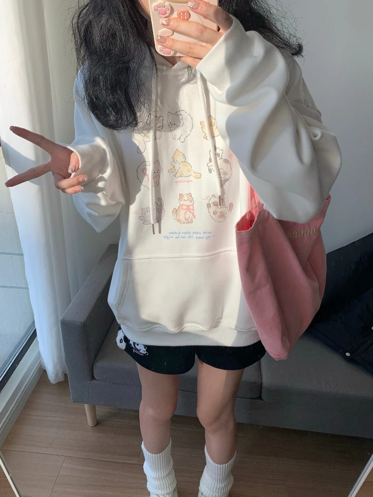 ADAgirl Kawaii Cat Print Hooded Sweatshirt Women Cutecore White Long Sleeve Hoodies Oversize Tops Preppy Style Soft Girl Clothes