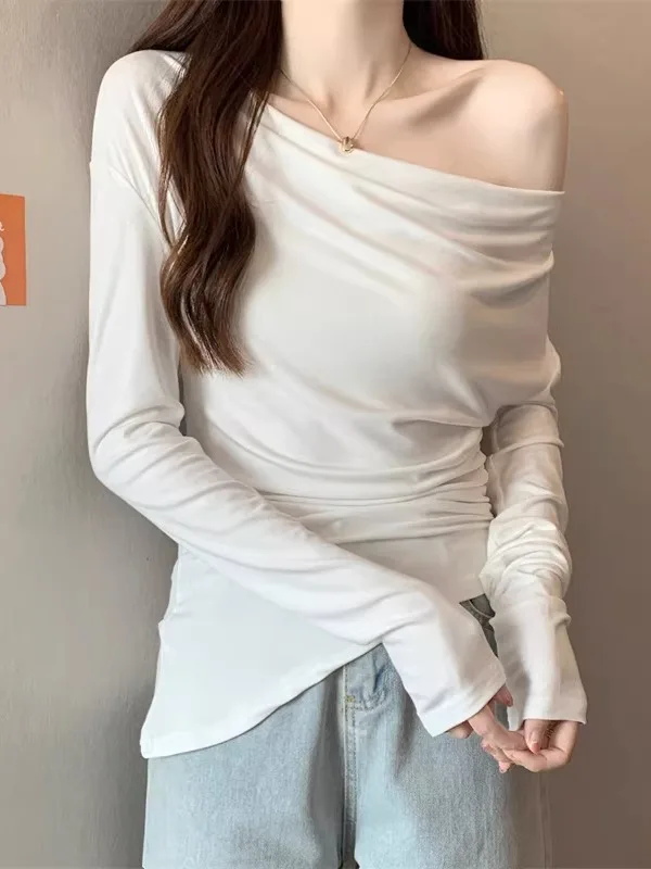 

Белая женская футболка с длинным рукавом, весна-осень, облегающая, с открытыми плечами, асимметричный дизайн, топ Pure Desire