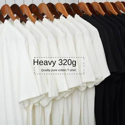 Japanese 320G Heavyweight Short Sleeve T-shirt Men's Summer Pure Cotton Thick Neckline Pure White Half Sleeve T-shirt