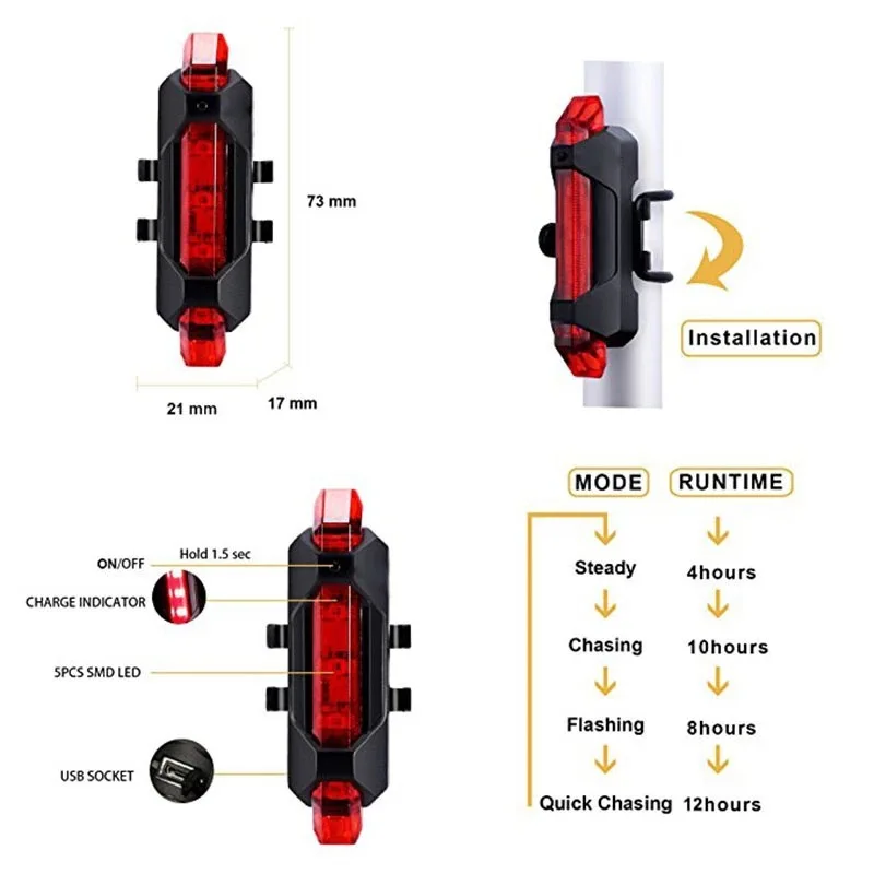 USB Rechargeable Bike Light Set Front Light with Taillight Easy to Install 3 Modes Bicycle Accessories for the Bicycle