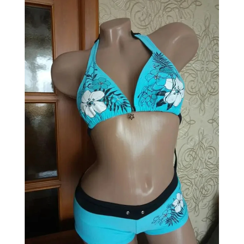

Винтажный купальник с цветочным принтом в стиле 2000-х годов, сексуальный женский пляжный комплект из двух частей с бретелями-халтер, модный пляжный наряд для женщин.