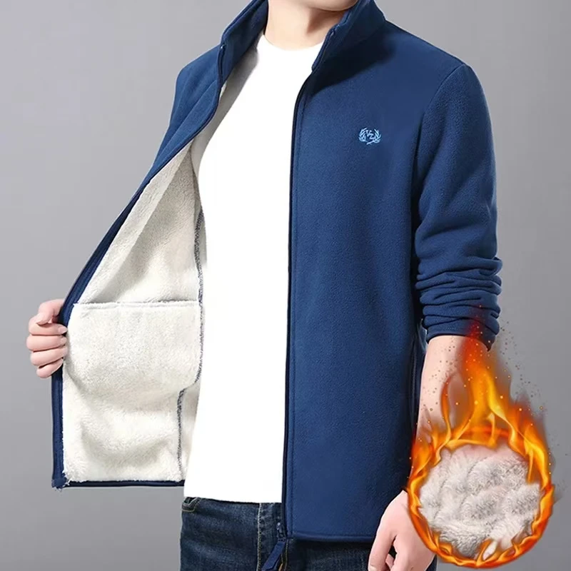 

Autumn Winter Zipper Sweatshirt Men Fleece Jacket Warm Embroidered Coats Turtleneck Pockets Long Sleeve Cardigan Office Tops New