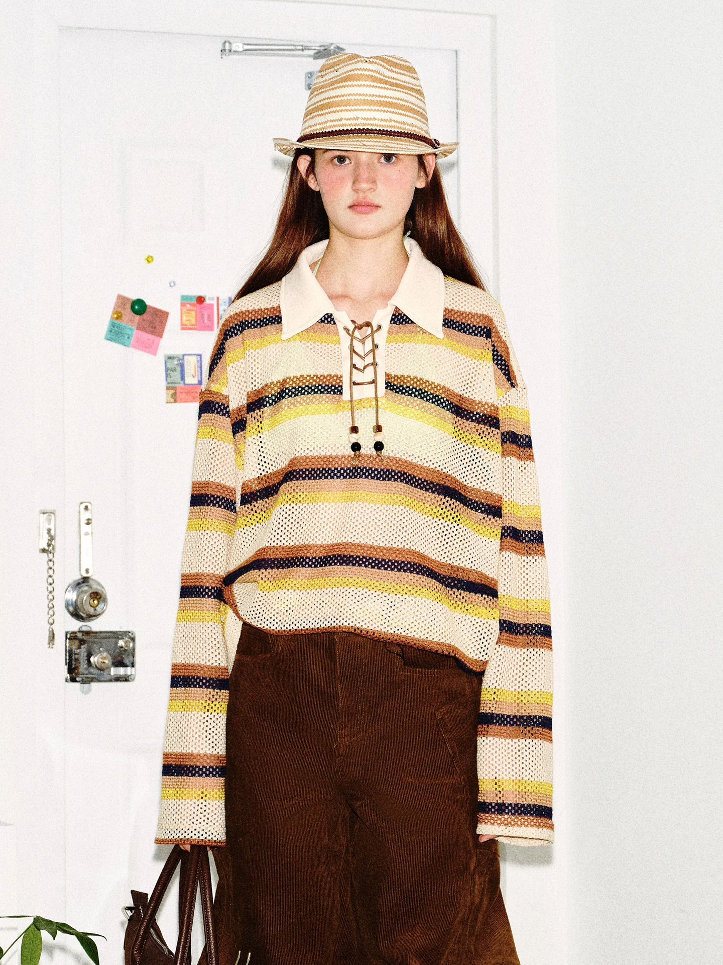 

American Retro Color Blo Striped Collar Hollow out Casual Loose Men's Spring Top Youth ular Cotton Polyester Blend