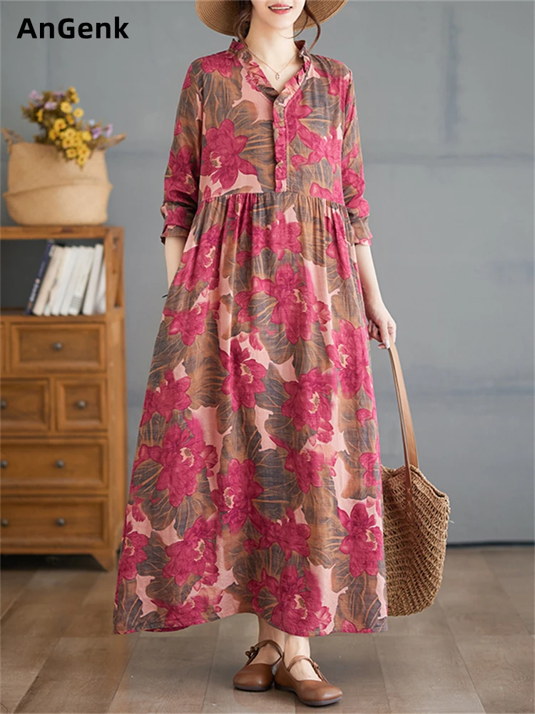 

Spring Autumn Cotton Vintage Print Dresses 2024 Women Casual Loose Long Sleeve Dress Femme Robe Vestidos Elegant Fashion Clothes
