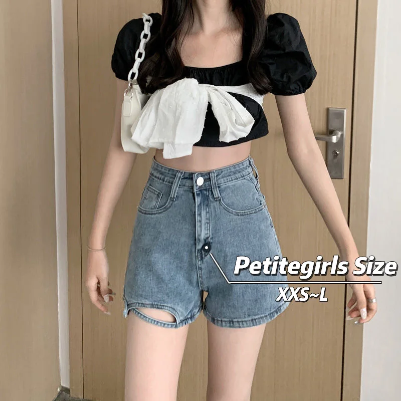 

150cm Petite girls Sense of Design Distressed Denim Shorts Women Summer High Waist Straight Tube Loose Fitting XS Appear High