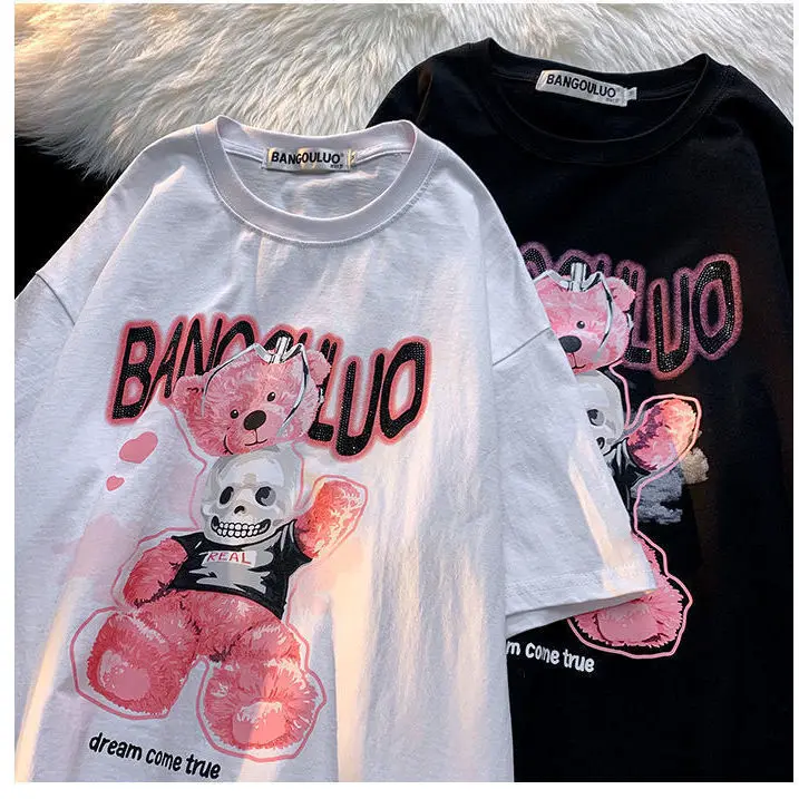 تي شيرت النساء فاسق Y2k بلايز الكرتون الدب تي شيرتات قصيرة الاكمام للرجال والنساء المد فضفاض الاتجاه زوجين Kawaii الملابس Harajuku