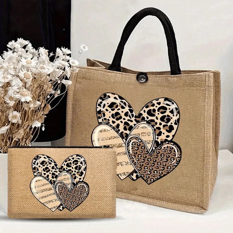 Leopard Print Linen Tote Bag with Matching Pouch Love Themed Linen Handbag for Large Capacity Commuter Shopping Bag Friends Gift