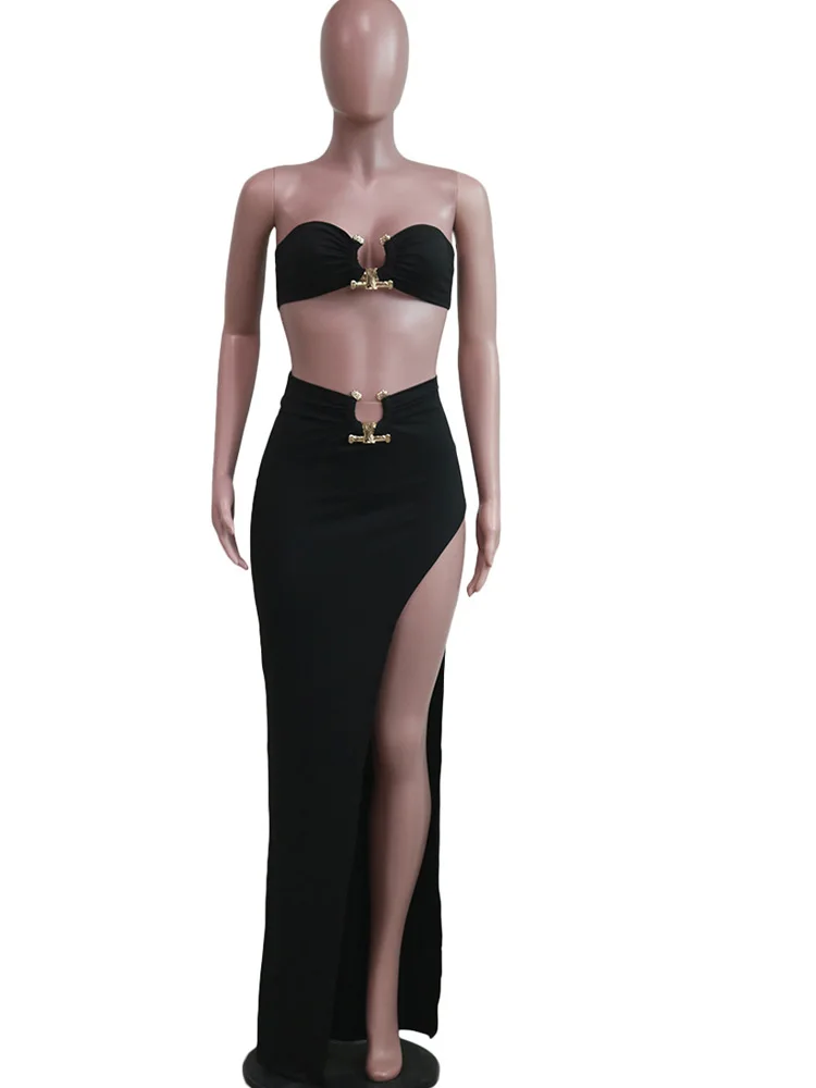 Beyprern-Chic anel de ouro feminino saia de fenda bandeau, saia combinando de duas peças, linda fora do ombro, roupas de boate, novo