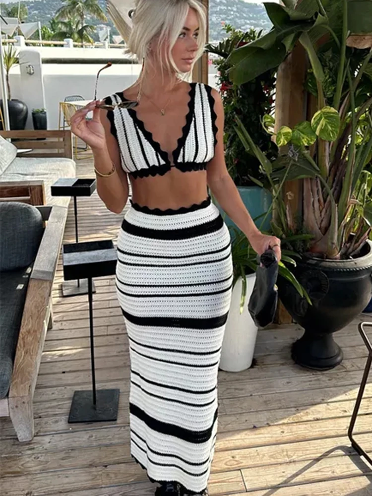 Trendix Stripe Knit Skirt And Bra Sets Women Sexy Backless Sleeveless Bikini Top Boho Party Elegant Knitwear Long Evening Dress