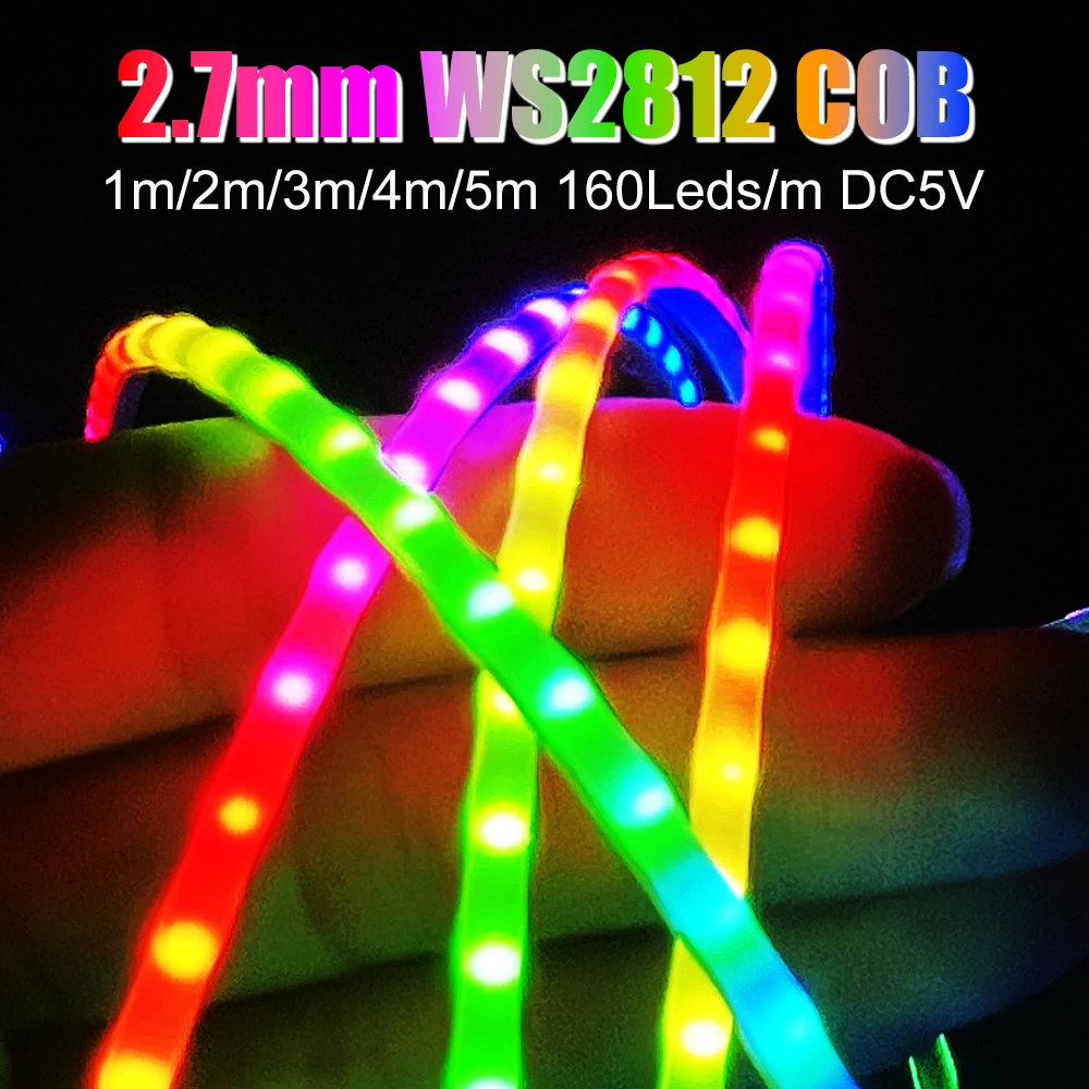 

2.7mm WS2812B COB LED Strip DC5V Individually Addressable RGBIC Ultra Narrow 160Led/m High Density Flexible Colorful Pixel Light