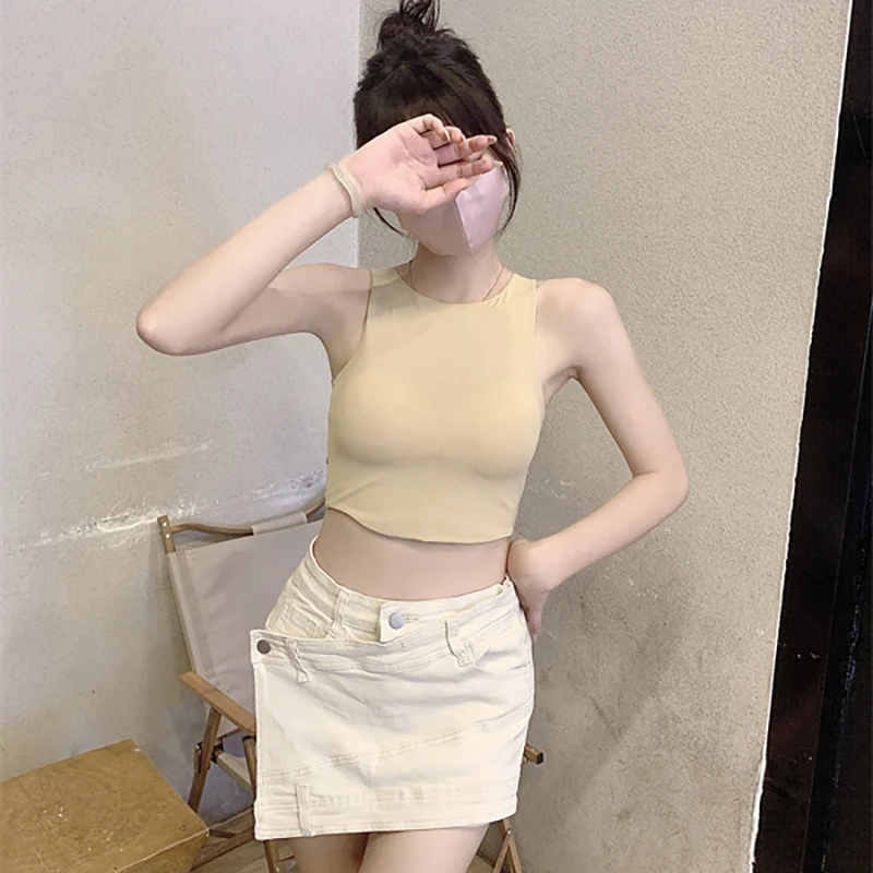 Women Sexy Crop Top Sleeveless O Neck Ice Camisole Solid Tank Top Korean Female Summer With Pad Slim Bottoming Tops