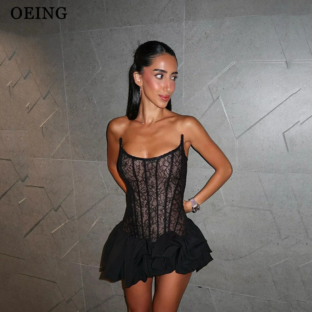 

OEING Sexy Mini Black Cocktail Dresses Strapless Lace Bones Ruched Prom Dresses Corset Elegant Evening Party Vestidos De Fiesta