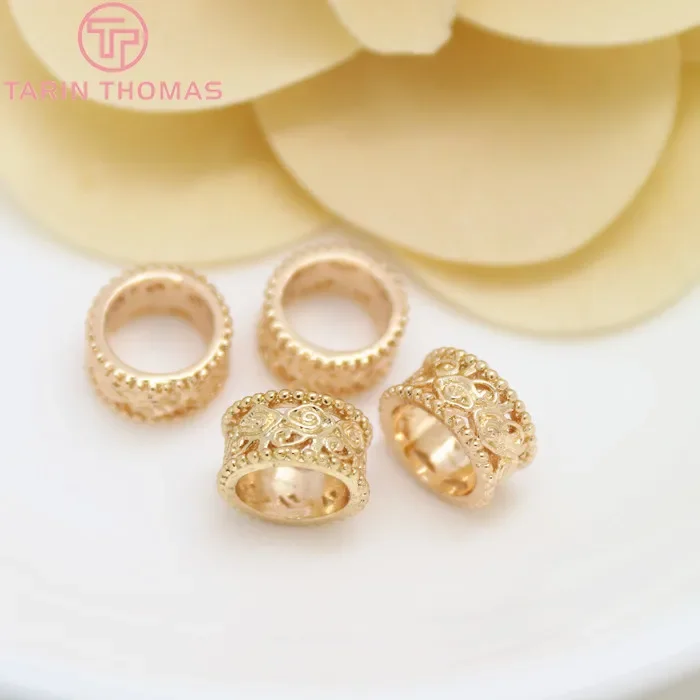 (2860)6PCS 5*9MM 24K Gold Color Plated Brass Hollow Pattern Large Hole Beads Bracelet Beads High Quality Jewelry Accessories