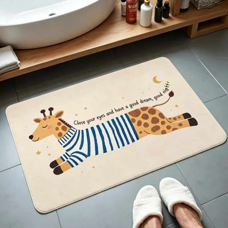 Giraffe Sleep Bathroom Rug Beige Background Star Moon Text Print Non Slip Soft Carpet For Cozy Bedroom Bath Home Decoration
