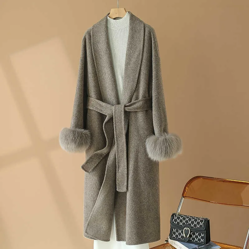 2024 New Fall and Winter Double-faced Real Wool Coat Women's Medium-length Knee-length Fox Fur Sleeve Overcoat JT473