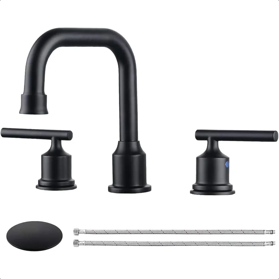 

Two Handles Widespread 8 inch Bathroom Faucet Black 3 Pieces Basin Faucets 360 Degree Swivel Spout Lavatory Sink Faucet