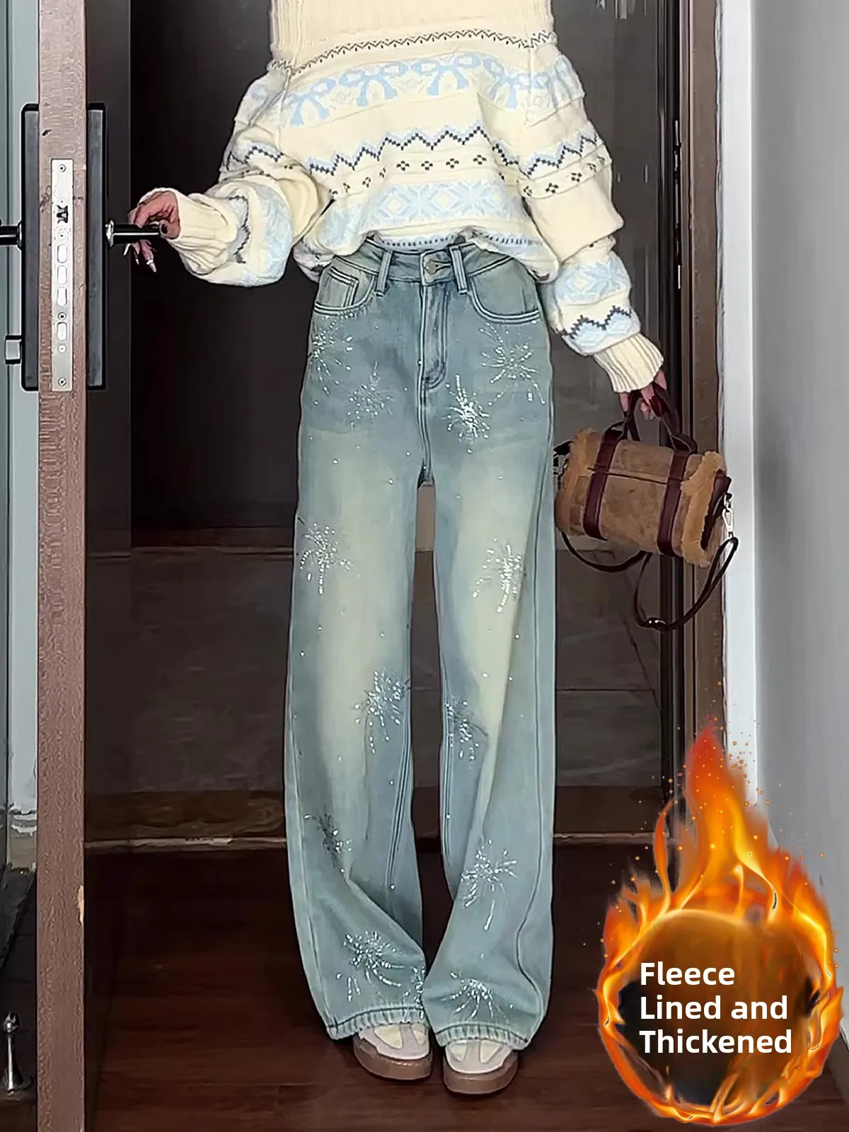 

Женские повседневные джинсы с высокой талией и широкими штанинами, весна 2026, новинка, с подкладкой, прямого кроя, облегающие, с крагами