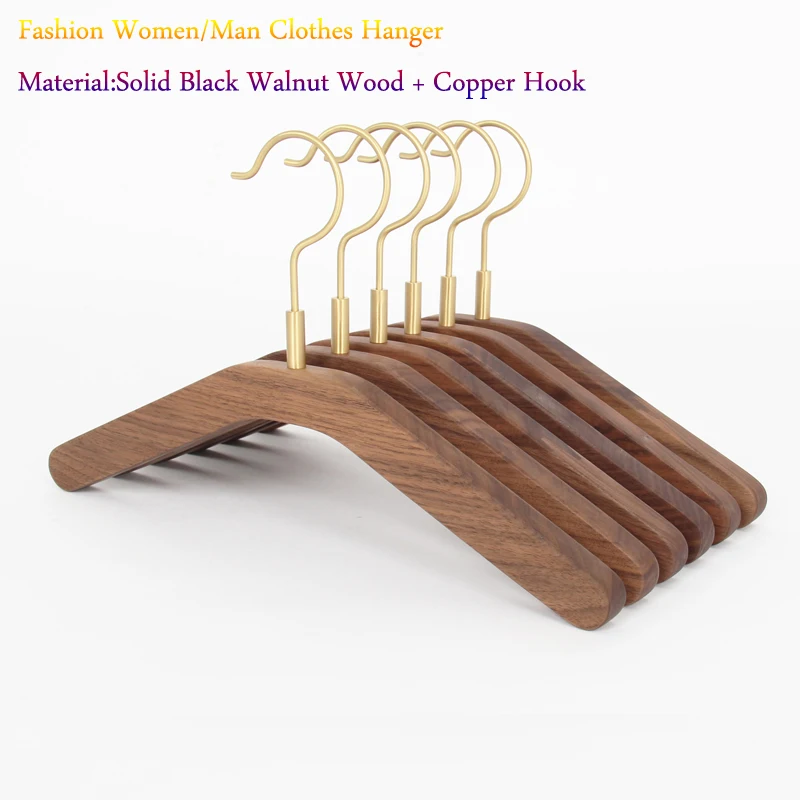 Customized Carve Brand/LOGO 6Pcs/Pack Black Walnut Wood Clothes Rack With Copper Hook Shirt/Coat Hanger For Home/Clothing Store