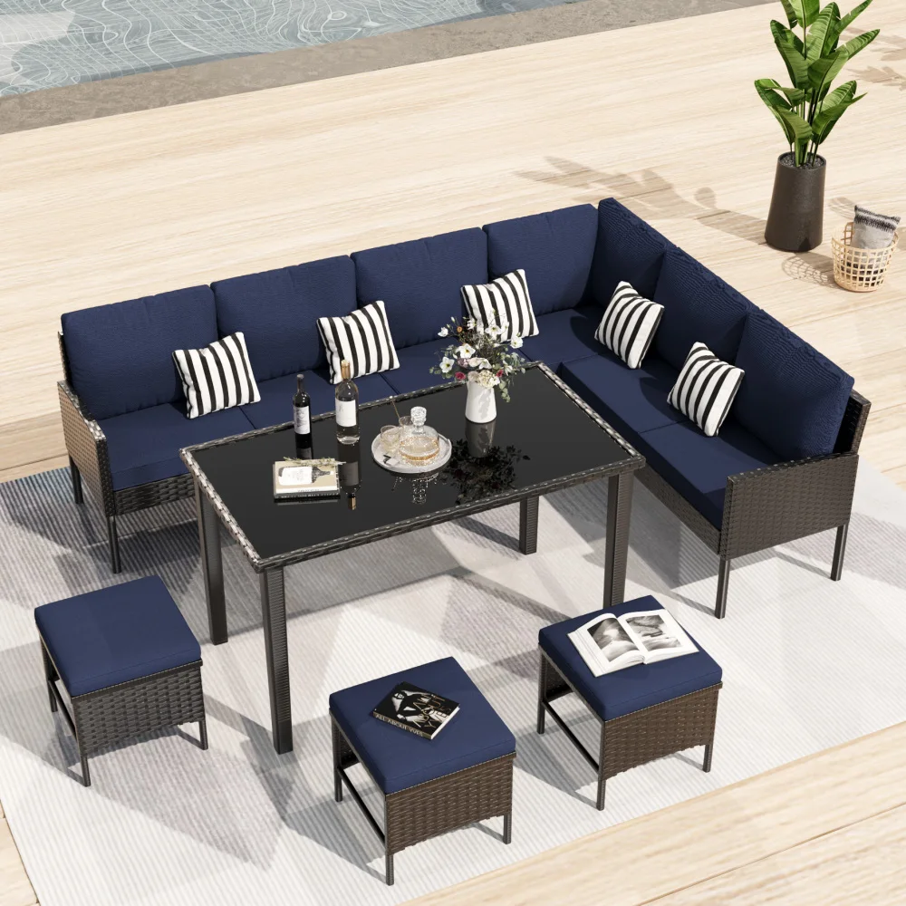 

7-Piece Small Space Patio Set: Waterproof Cushions, Glass Table, Dark Blue, for Yard/Terrace/Garden