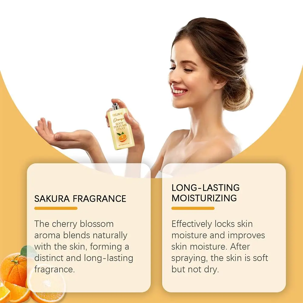 Perfume corporal naranja de 90ml, Perfume de fragancia naranja para mujer, fragancia ligera fresca de larga duración, Perfume en aerosol de feromonas