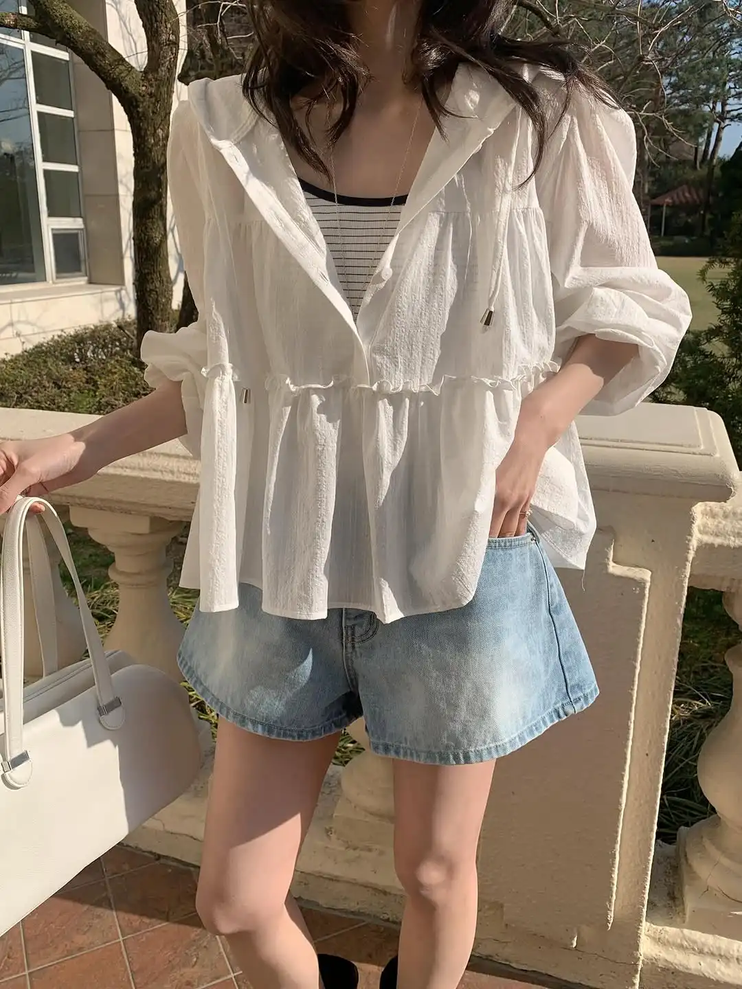 

Women's Loose Long Sleeve Sun Protection Shirt Casual Thin Design Hat Casual Loose Style White Slimming Effect Outerwear