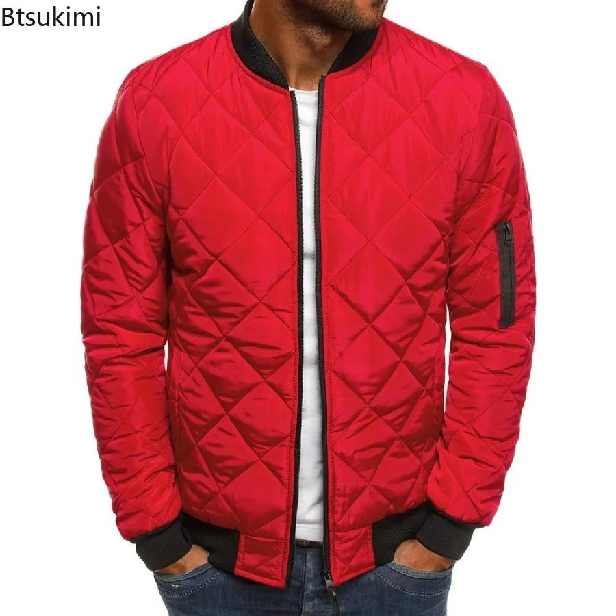 Men's Fashion Classic Zipper Parkas Autumn and Winter Warm Loose Rhombus Cotton Padded Solid Color Jacket Coats Male Clothing