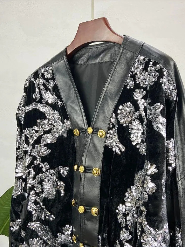 New Spring Vintage Spliced Sequined Women Velvet Genuine Leather Jacket V-Neck Long Sleeve Short Coat Single Breasted Outerwear - view 5