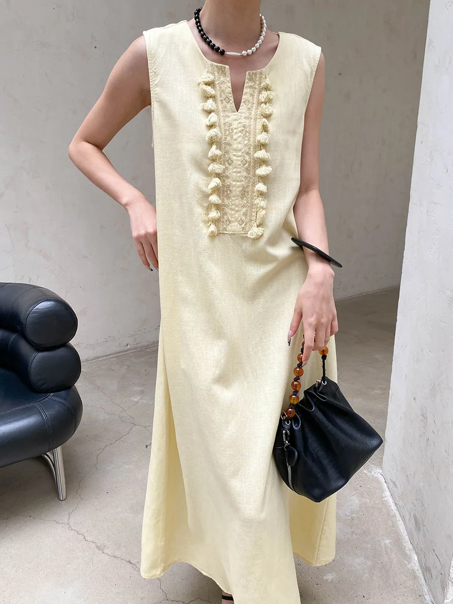 Sommerliches, lässiges, einfarbiges, ärmelloses Westenkleid für Damen mit V-Ausschnitt, Stickerei und Quasten – Detail 21