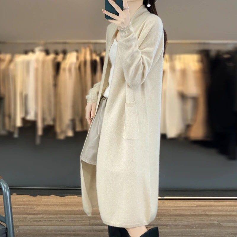 FRSEUCAG  New Women's Cardigan 100% Wool Long Sweater Trend Fashion Knitted V-neck Long Sleeve Women's Pure Wool Coat Sweater