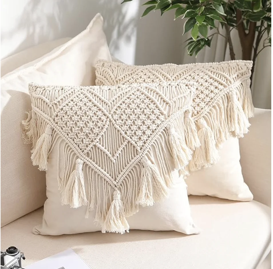 Macrame Throw Pillow Cushion Covers , Woven Boho Bed Sofa Couch Bench Car Home Decor, Comfy Square Pillow Cases with Tassels