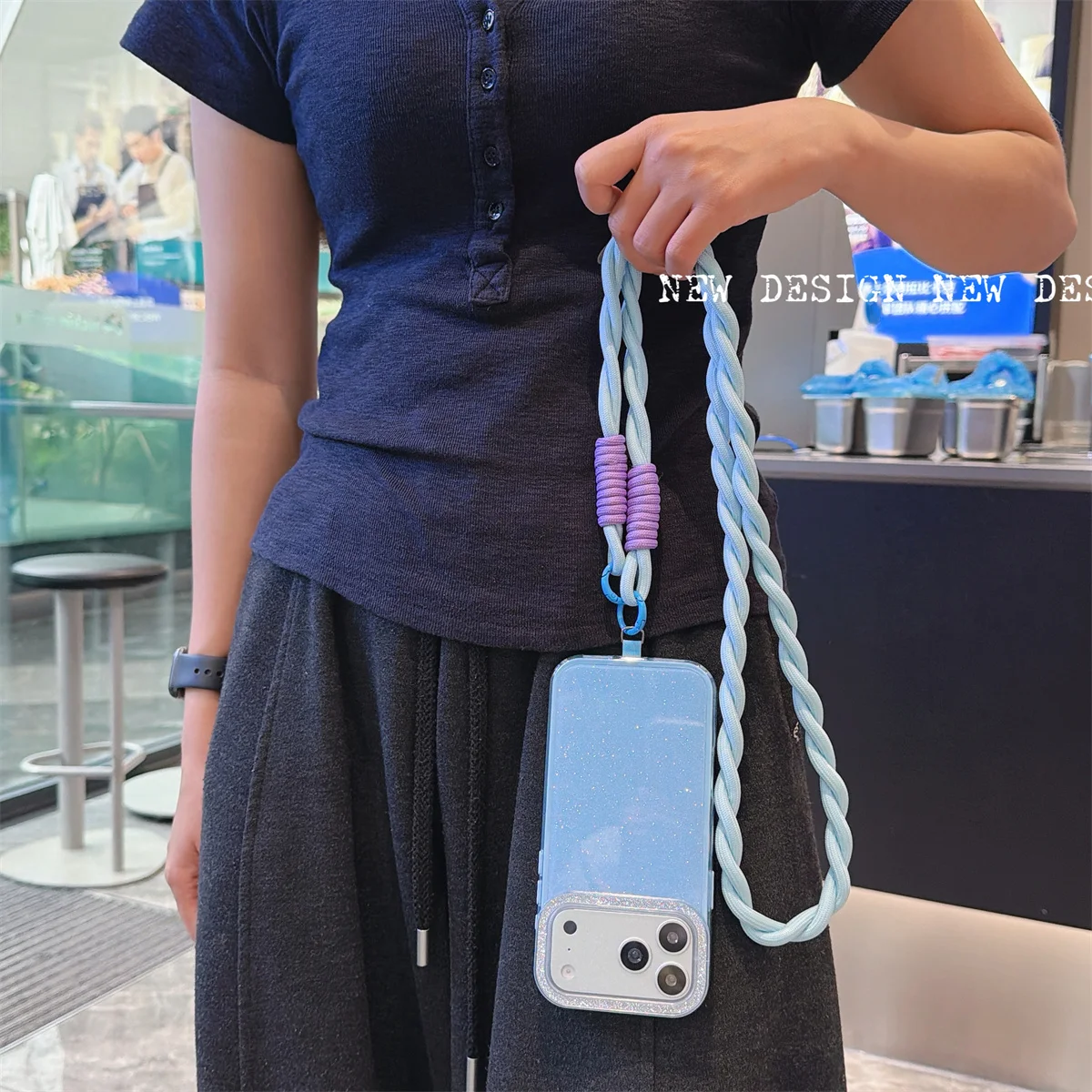 Fashion Glitter Shockproof Lanyard Case For iPhone 17 16 Pro Max 15 Plus 14 13 12 TPU Bumper Cover Crossbody Neck Cord Strap view 3