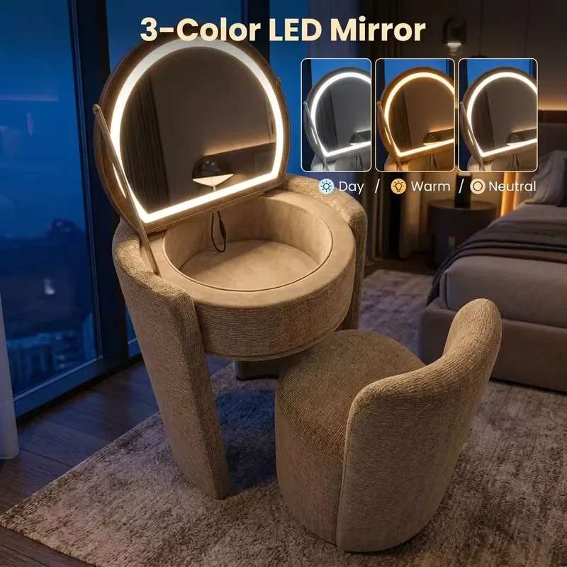 Modern Minimalist Lighted Flip Top 3-Color LED Dresser Bedroom Furniture Set Upholstered Panel Vanity Dressing Table
