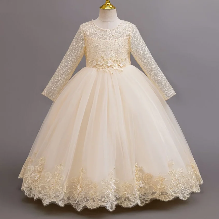 Girls lace long-sleeved princess dress 4-12 years old fashionable bow tutu skirt birthday party host stage catwalk evening dress image 4