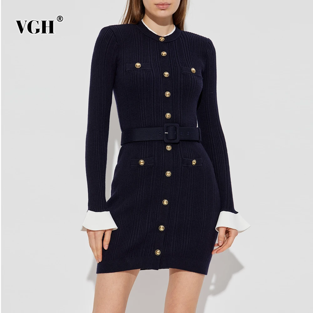 

VGH Elegant Slim Fit Spliced Button Mini Dresses For Women Round Neck Long Sleeve High Waist Patchwork Belt Chic Dress Female