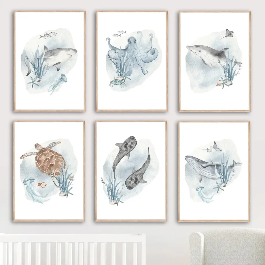 

Boho Animals Aquatic Art Canvas Painting Sea Shark Turtle Octopus Whale Dolphin Posters Prints Wall Pictures For Kids Room Decor