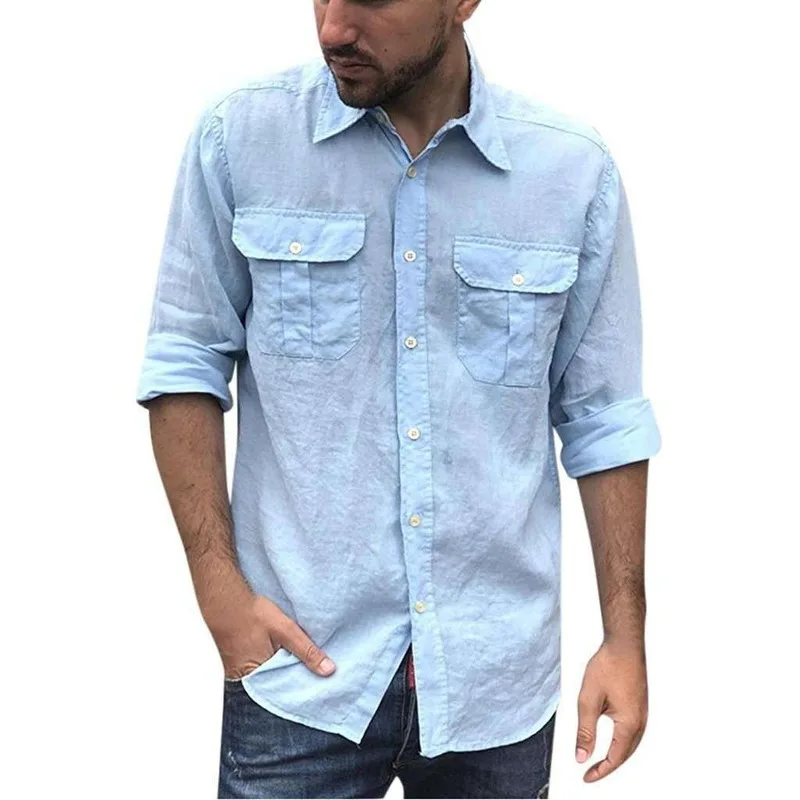 Men Shirts 2023 Spring Autumn New Cotton Linen Long-sleeved Shirt Double Pocket Tooling Lapel Men\'s Shirt Men\'s Clothing