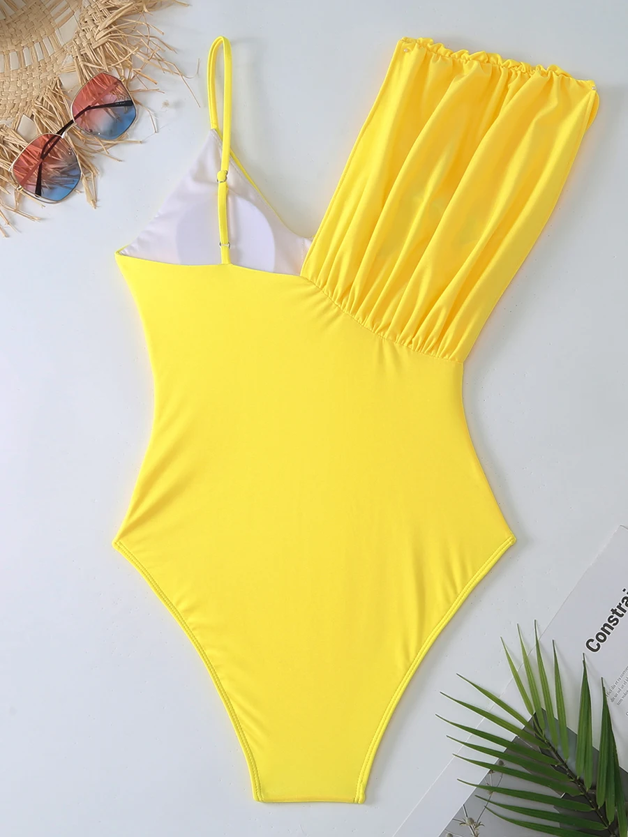 2026 Solid Asymmetric Swimsuit Womeon One Piece Yellow Swimwear Female Beachwear Bathers Bathing Swimming Swim Suit