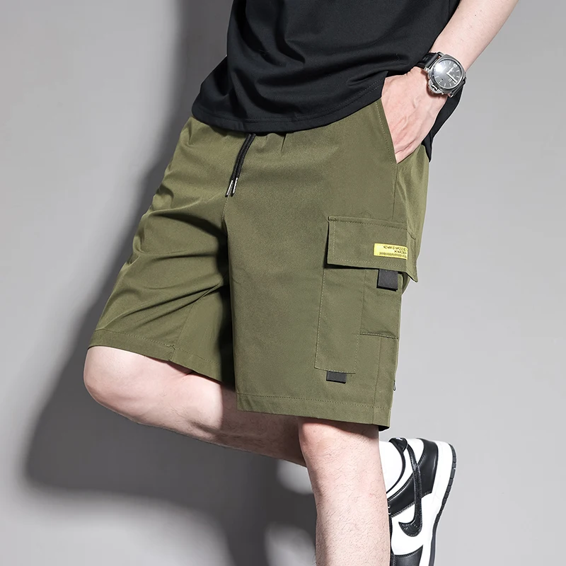 European Size / Summer Thin Men's Cargo Shorts Baggy Straight Multi Pocket Zipper Work Over The Knee Pants Khaki Jorts Bermuda
