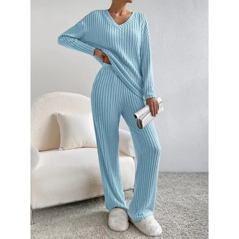 Spring 2024 Autumn New Loose Two-Piece Suit Women Long Sleeve V-neck Pullover Top Mid Waist Pocket Straight Wide Leg Pants Suit