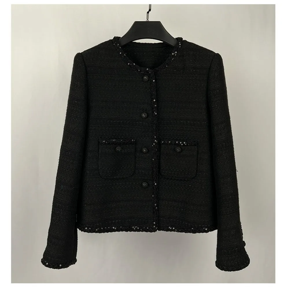 

2023 Spring Autumn Chic Women's High Quality Elegant Black O-neck Tweed Jackets B693