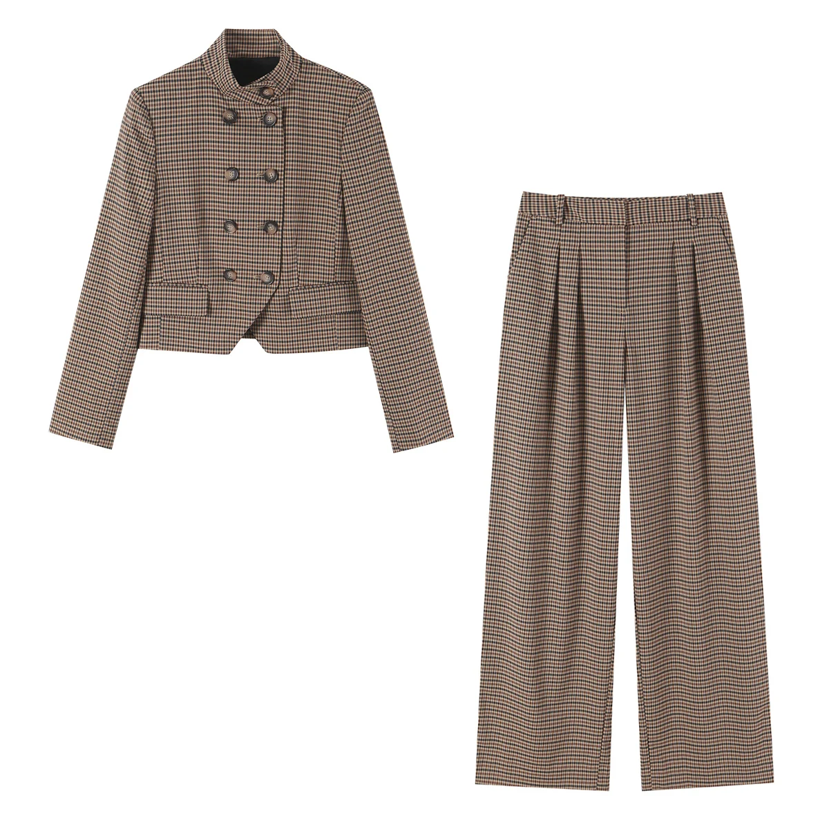 BSAY 2026 Neues Vintage Damen-Karomuster 2-teiliges Outfit mit Stehkragen, doppelreihiger, kurzer Jacke und weitem Hosenbein, lässiger Anzug – Detail 3