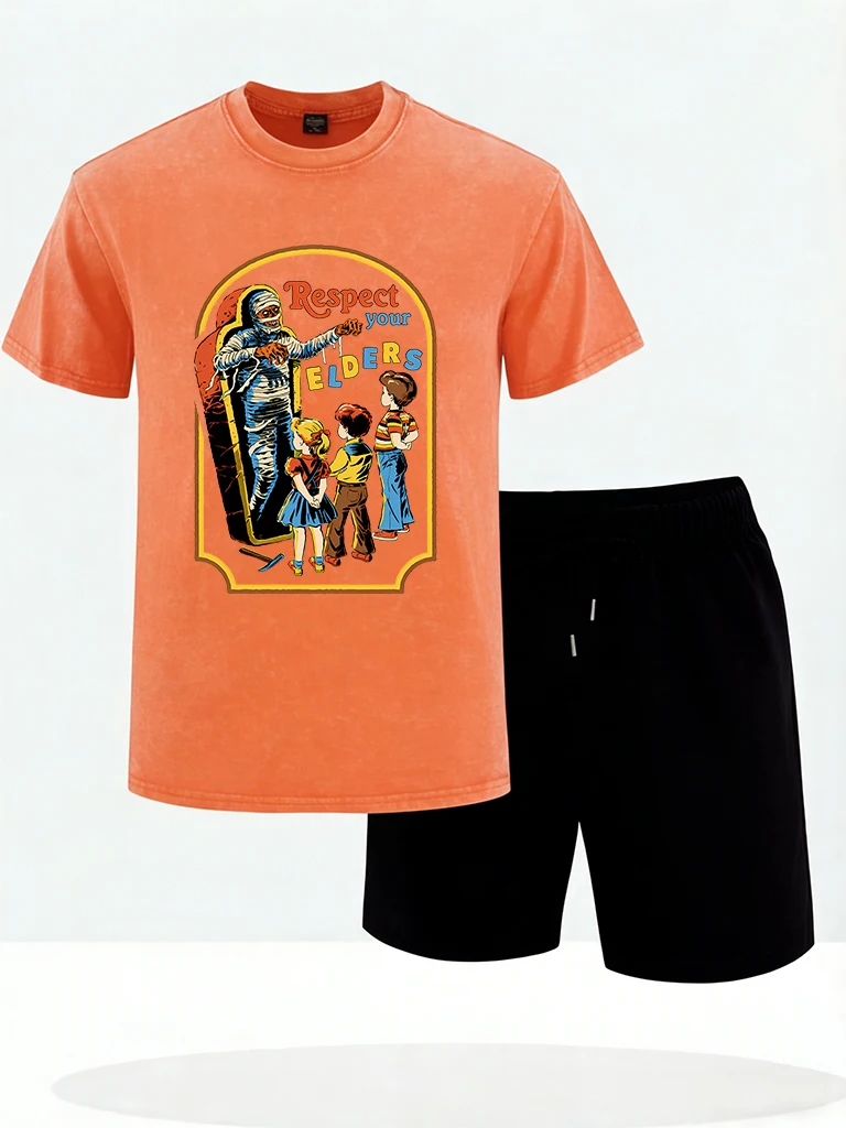 

Respect Your Elders Printed Beach Washed Mens T Shirts Summer All-Match Short Pants O-Neck Cotton Top Set Soft Fashion Clothes
