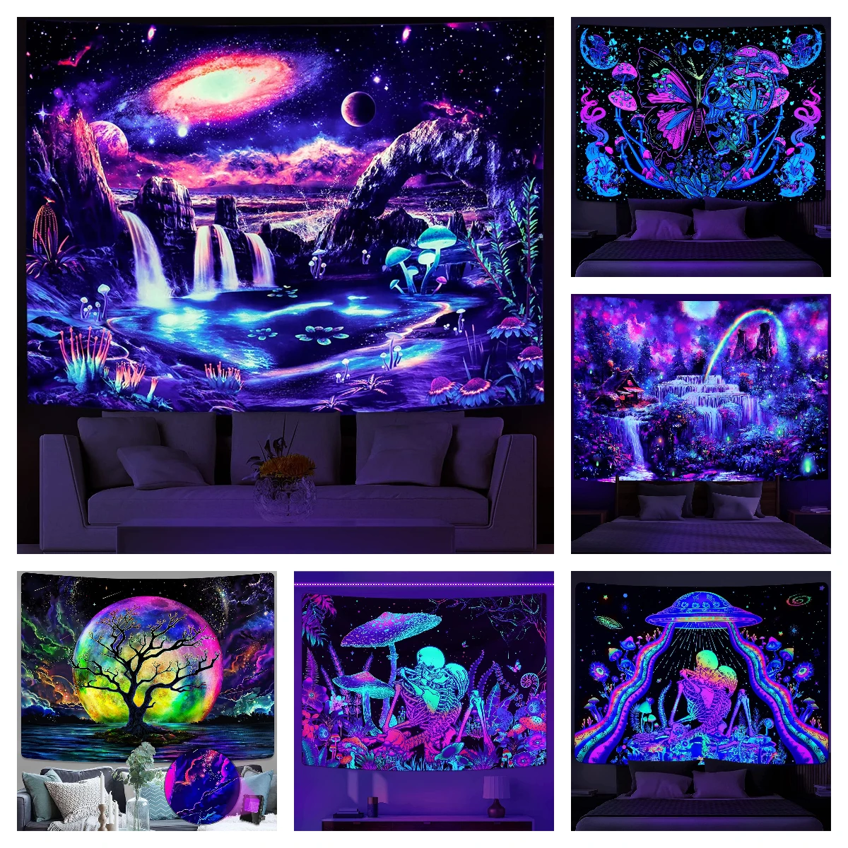 

Blacklight Galaxy Tapestry Trippy Planet UV Reactive Waterfall Landscape Wall Funny Tapestries Mysterious Mushroom Bohemia Tapiz