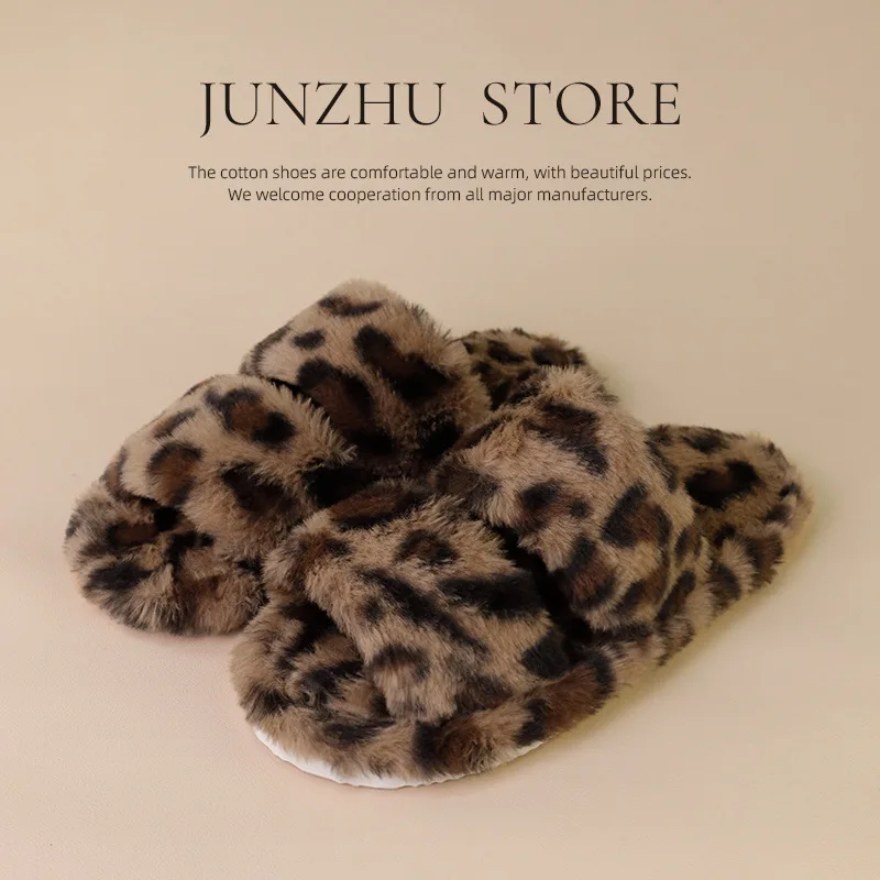 

Leopard Pattern Plush Winter Slippers for Women Open Toe Soft Sole Fuzzy House Shoes Woman Indoor Comfort Warm Faux Fur Slippers