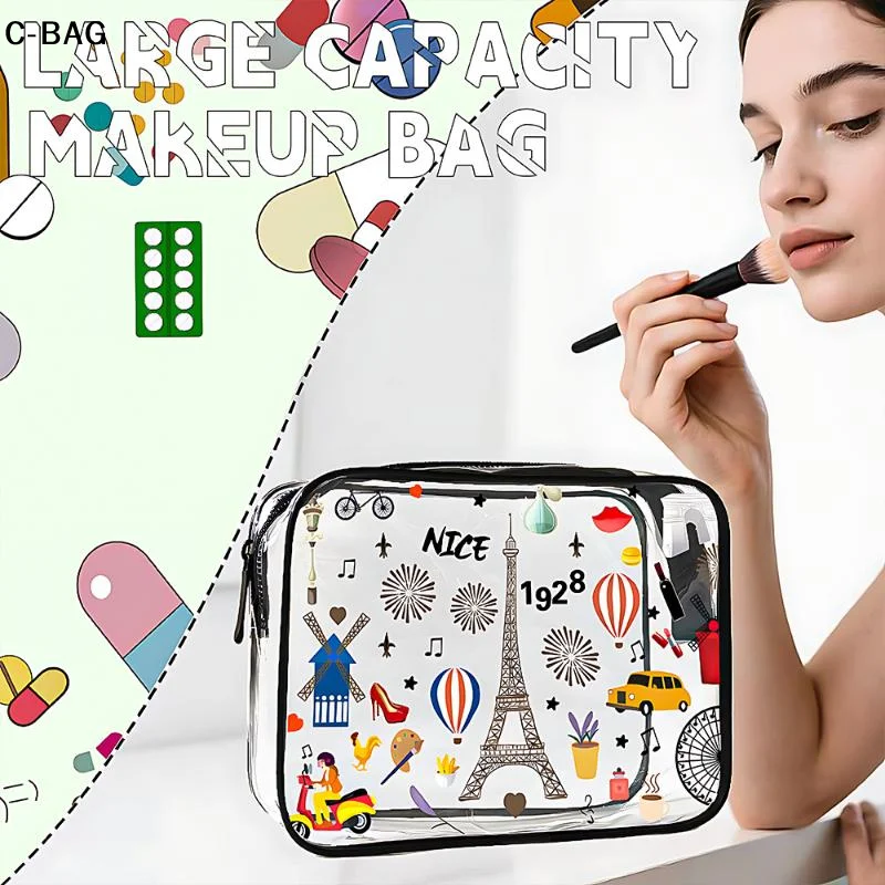 حقيبة مستحضرات التجميل الشفافة المحمولة من جانب واحد طباعة السفر حقيبة أدوات الزينة سميكة البلاستيكية ماكياج المنظم كيس التخزين للسفر