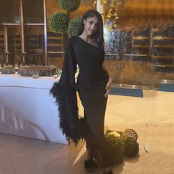 Crepe Black Evening Dresses Feathers Women Customized Mermaid Formal Occasion Prom Gowns Dinner Party Wedding Guest Dress