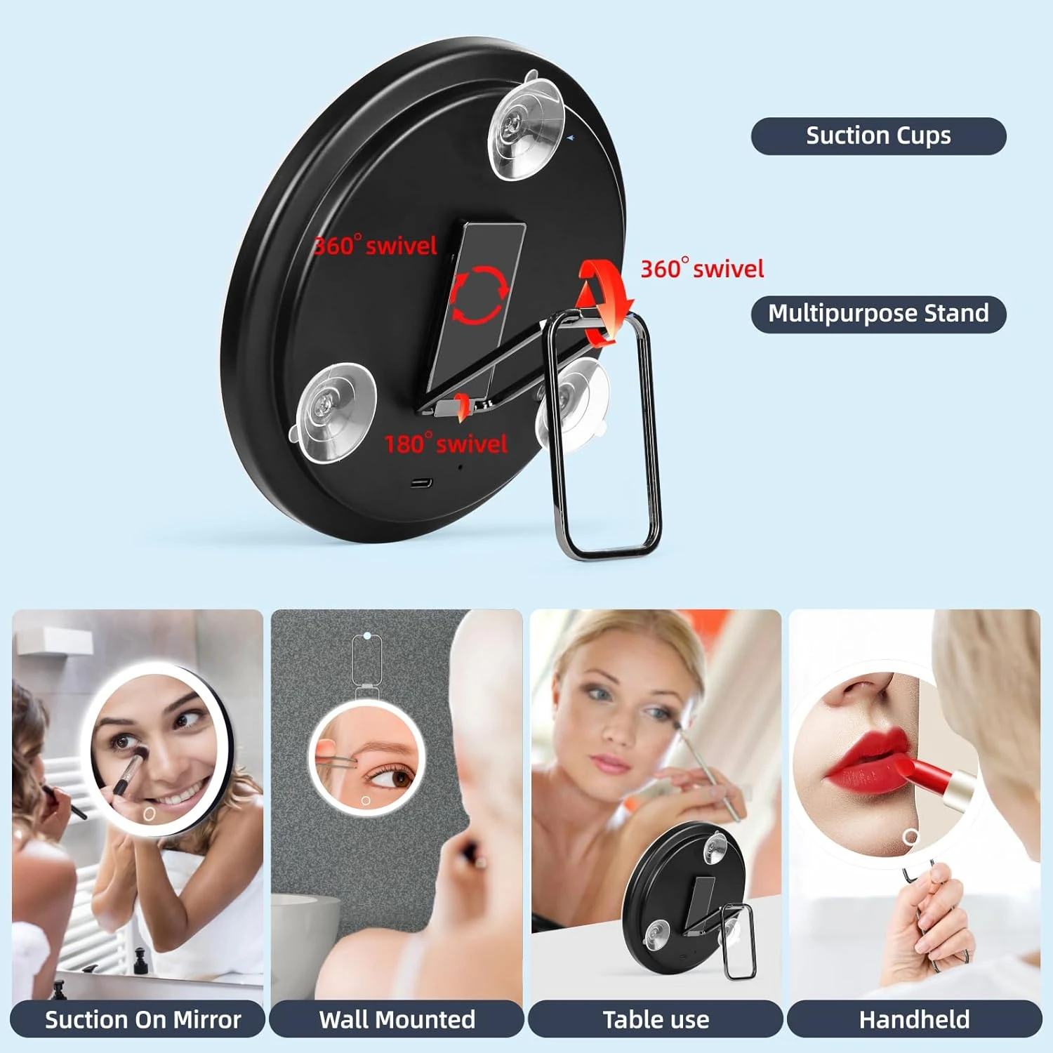 Large Portable Dimmable Rechargeable Magnifying Mirror with 30X Magnification for Makeup, featuring 3 Colors Modes and 3 Suction