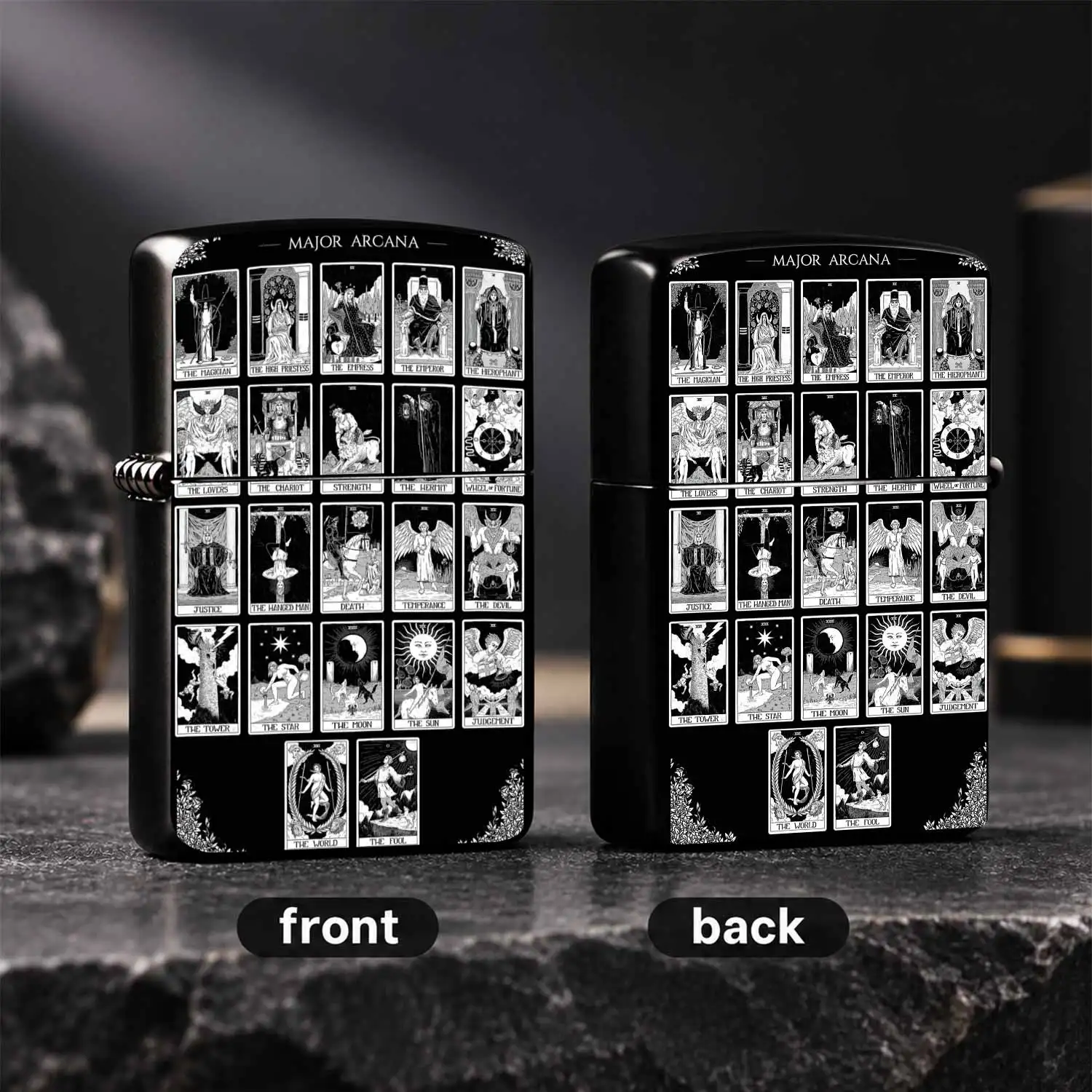 Vintage Black White Tarot Major Arcana Full Pattern Windproof, Retro Mystical Custom Print Durable Housing Pocket, Unique Creative Tarot Themed Igniter For Tarot Enthusiasts Daily Use Gifting A Fun And Humorous Lighter