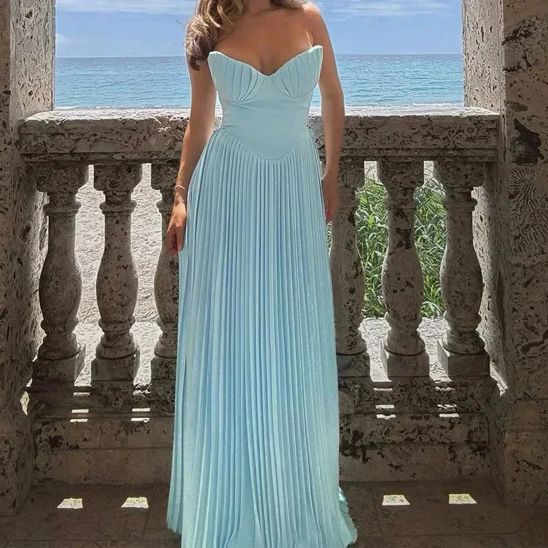 Elegant Pleated Hem Maxi Dresses Women Sexy Corset Wrap Luxury Sleeveless High Waist A Line Robe Summer Holiday Party Vestidos